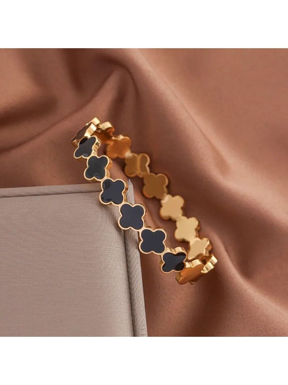 18k Gold Plated Stainless Steel Luxury Clover Bangle, Gold and Black